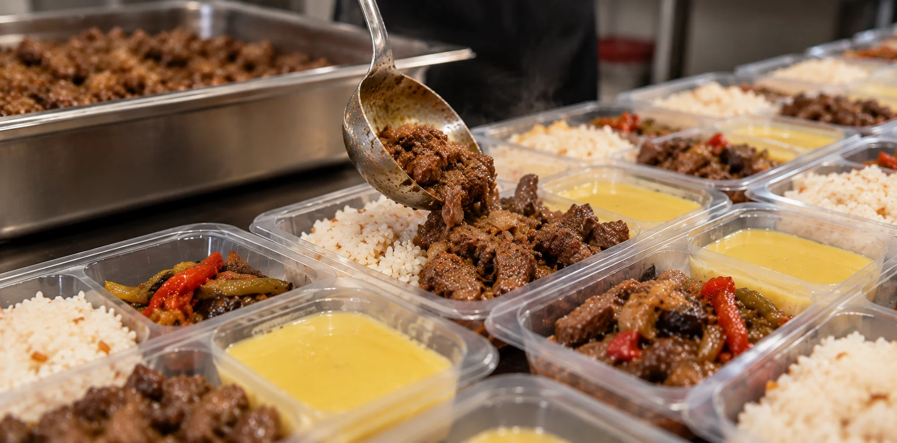 Köyüm Catering paket yemek menülerine sıcak et yemeği servis edilmesi